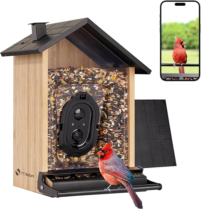 TT Nature Smart Squirrel-Proof Bird Feeder with Camera 2K, Solar Powered, AI Bird Species Recognition, Instant Notification, CCPA Data Security, Bamboo 3.2L Large Capacity, Ideal Gift-Ruum Studio Home
