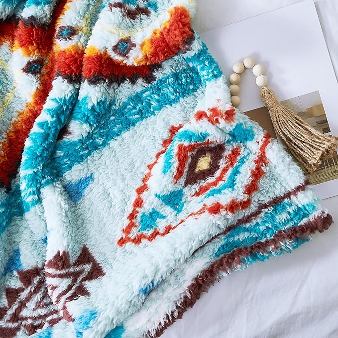 CASAAGUSTO Boho Sherpa Blanket,Teal Aztec Twin Blanket, Ultra Soft, Warm, Cozy, Plush, Thick Fleece Western Blanket for Couch, Bed, Sofa (Aqua 60 * 80 Inch)-Ruum Studio Home