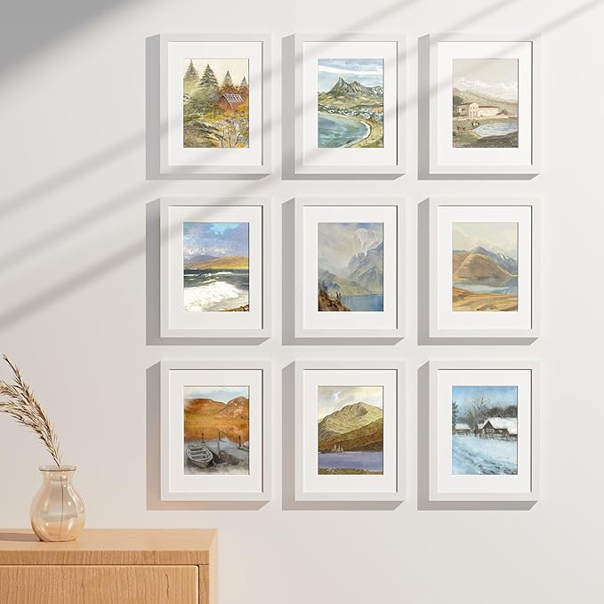Vittanly 8.5x11 Picture Frames Set of 9, Shatter Resistant Plexiglass, Display 6x8 Pictures with Mat or 8.5x11 without Mat, Photo Frames for Wall or Tabletop, Engineered Wood, White-Ruum Studio Home