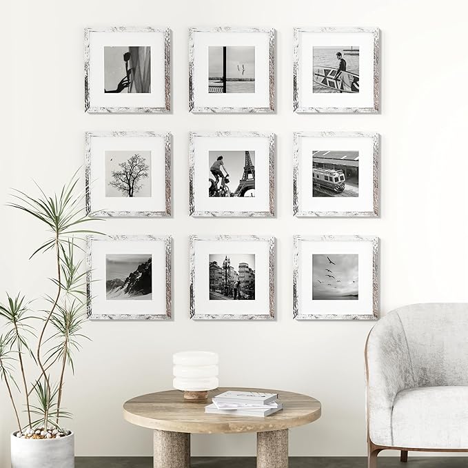 Vittanly 12x12 Picture Frames Set of 9, Shatter Resistant Plexiglass, Display 8x8 Pictures with Mat or 12x12 without Mat, Photo Frames for Wall Mount, Engineered Wood, Distressed White-Ruum Studio Home