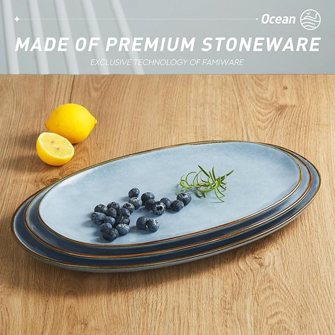 famiware Serving Platter, Oval 15.59/14.3/12.9inch Serving Dishes for Entertaining, Serving Bowls, Reactive Glaze, Stoneware Serving Trays for Party, Food, Turkey, Cheese, Ocean Series, Blue-Ruum Studio Home