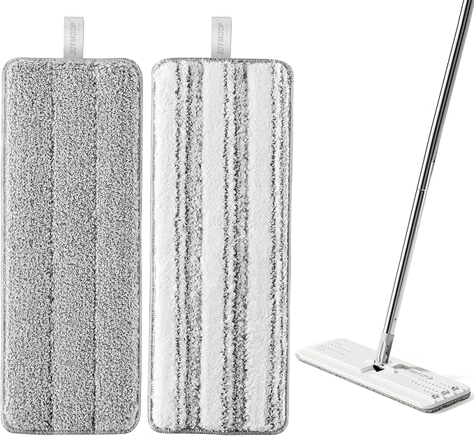 JOYMOOP Mop Replacement Pads, Reusable Microfiber Mop Pads for 13-inch Flat Mop and Mop Bucket Set, Pack of 2 Refills - Grey and Stripe-Ruum Studio Home