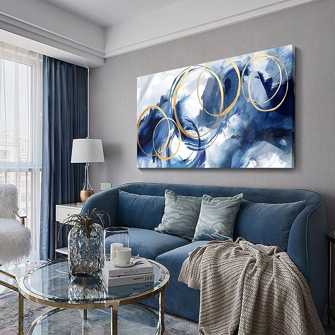 AJAZIKO Large Art For Wall Abstract Wall Decor Blue Modern Art Wall Decor Artwork For Walls Living Room Office Pictures For Wall Navy Gold Contempor Decorations For Bedroom Size 29x58-Ruum Studio Home