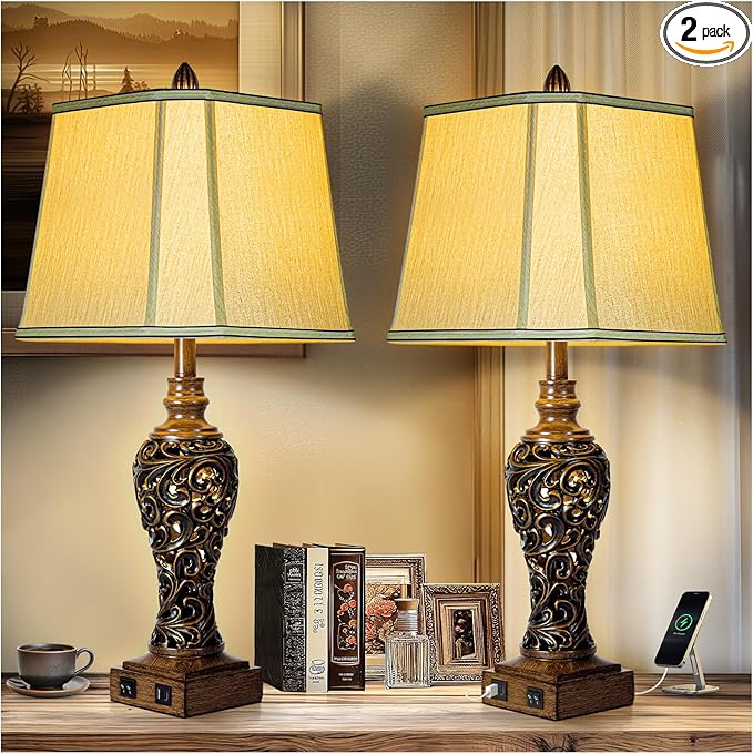 28.5'' Tall Farmhouse Vintage Table Lamp Set of 2 with Faux Silk Shade USB Ports Nightlight Decor for Bedside Living Room Bedroom Nightstands Office Home, Dark Bronze(Bulbs Included)-Ruum Studio Home
