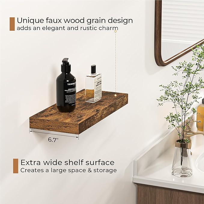 Fun Memories Floating Shelves - 16 Inch Rustic Brown Wall Shelf - Wall Mounted Shelves for Wall Decor Storage - Wooden Shelves with Invisible Brackets for Living Room, Bedroom, Kitchen, 2 Pack-Ruum Studio Home