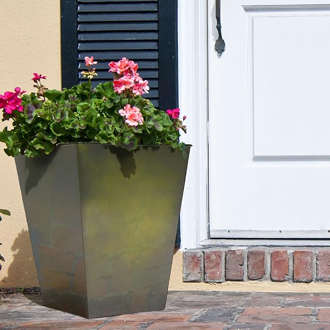 KOL 18''H. Bright Glazed Planter with Drainage Hole, Set of 2, Galvanized Steel Planter Pots for Indoor & Outdoor Use, Decorative Flower Plant Pots for Front Porch, Patio, Deck - Green-Ruum Studio Home