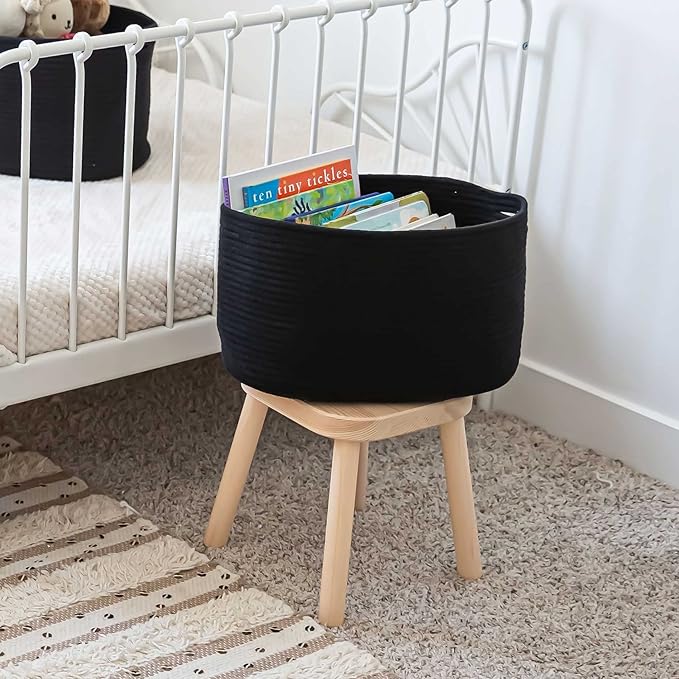 OrganiHaus Woven Storage Baskets for Organizing, Cotton Rope Organizer Bins for Shelves, Closet & Nursery, Dog Toy Basket, Decorative Bins for Toys, Towels & Books - 15x10x9, Black-Ruum Studio Home