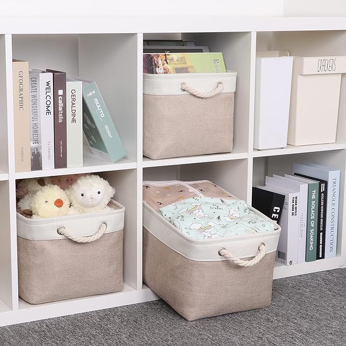 Bidtakay Large Fabric Baskets with Handles [3-Pack] Collapsible Storage Basket for Shelves 15 X 11 X 9.5 inches Canvas Bins for Closet Organization (White&Beige)-Ruum Studio Home