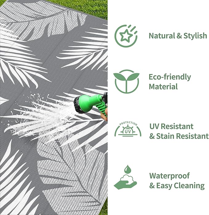 GENIMO Outdoor Rug 10' x 10' Waterproof for Patios Clearance, Reversible Outdoor Plastic Straw Camping Rug Carpet, Large Area Rugs Mats for RV, Camper, Deck, Balcony, Porch, Beach, Picnic, Grey&White-Ruum Studio Home