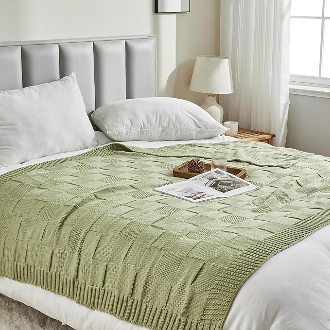CozeCube Check Knit Throw Blanket, Sage Green Checkered Throw for Couch, Decorative Christmas Soft Cozy Warm Knitted Blanket for Bed Sofa Living Room, 50"X60"-Ruum Studio Home