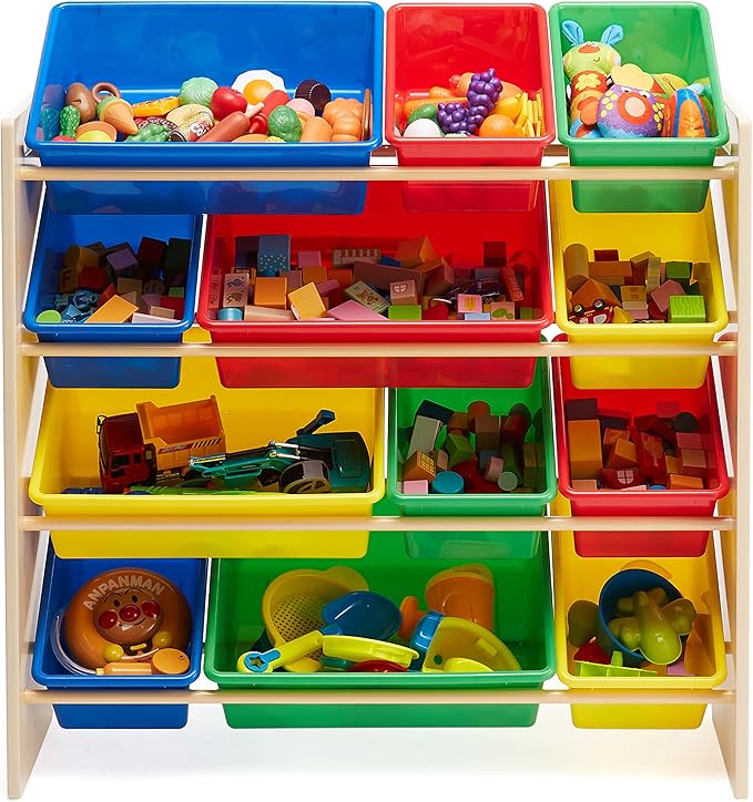 Amazon Basics Kids Toy Storage Organizer With 12 Plastic Bins, Natural Wood With Bright Bins, 10.9" D x 33.6" W x 31.1" H-Ruum Studio Home
