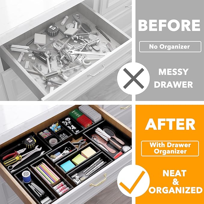 SpaceAid 14-Piece Bamboo Drawer Organizer Storage Boxes Set, Wood Tray Junk Drawer Organizers Multi-Use Divider Bins for Kitchen, Bathroom, Office Desk and Makeup Organization (14 Pack, Black)-Ruum Studio Home