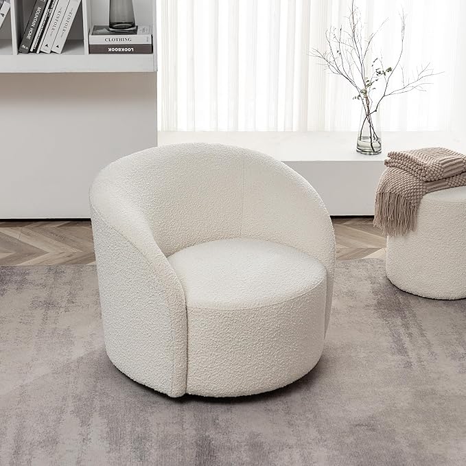 KINWELL 34" W Mid Century Modern Swivel Barrel Chair, Round Upholstered Boucle Swivel Accent Chairs, No Assembly Sofa Chair for Living Room Bedroom Reading Apartment Lounge Nursery(Cream)-Ruum Studio Home