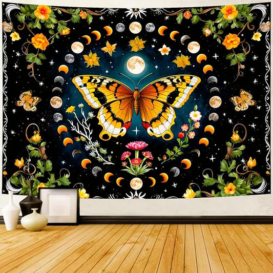 Delur Butterfly Moon Flower Tapestry Botanical Floral Plant Boho Tapestry Wall Hanging Mandala Aesthetic Mushroom Retro Vintage Headboard for Bedroom Living Room Home Decor (51.2" x 59.1")-Ruum Studio Home