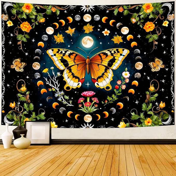 Delur Butterfly Moon Flower Tapestry Botanical Floral Plant Boho Tapestry Wall Hanging Mandala Aesthetic Mushroom Retro Vintage Headboard for Bedroom Living Room Home Decor (70.8" x 92.5")-Ruum Studio Home