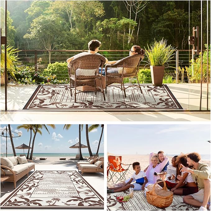 COCOER Outdoor-Rug 8x10 ft Waterproof Reversible Outdoor Plastic Straw Rug RV Indoor Outdoor Carpet Quick Dry Patio Rug Camping Mat for Balcony Backyard Picnic Beach-Brown&Beige-Ruum Studio Home