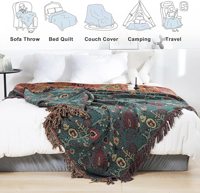MSGKV Cotton Bed Blanket for Couch and Sofa Blankets for Living Room Bedroom Reversable Florals Throw 90"x98" Breathable Cozy Boho Blankets-Ruum Studio Home