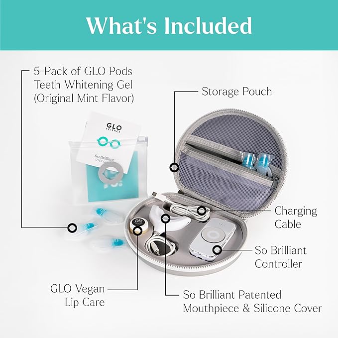 GLO Science So Brilliant Teeth Whitening Kit – Patented Warming Mouthpiece with LED Light Technology, Whitening Gel w/ 6% Hydrogen Peroxide, Lip Balm – Fastest Way to Whiter Teeth, Sensitivity Free-Ruum Studio Home