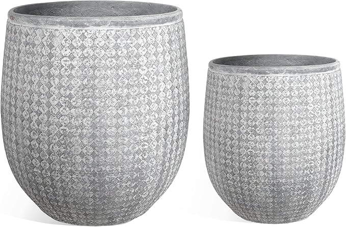 Worth Garden Large Round Planters Set of 2 (14.5"x17.5" & 12" x15“) - Lightweight Magnesium Oxide Cement Plant Pot with Texture - Grey Concrete Look with Drainage Hole – Indoor & Outdoor Use-Ruum Studio Home