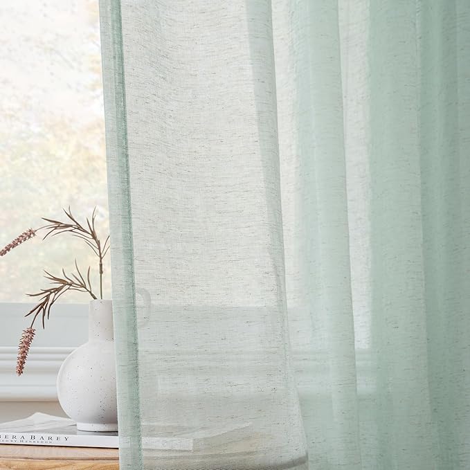 FMFUNCTEX Linen Sheer Curtains for Bedroom, Sage Green Curtains 96 inches Long for Living Room, Farmhouse French Flax Blend Window Draperies, Rod Pocket 2 Panels Set-Ruum Studio Home