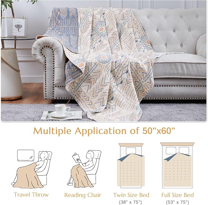 jinchan Boho 100% Cotton Muslin 50x60 Throw Blanket Lightweight 4-Layer Orange Multi Reversible Blanket Washable Breathable Decorative Geometric Striped Pattern Soft Comfy for Couch Bed All Seasons-Ruum Studio Home