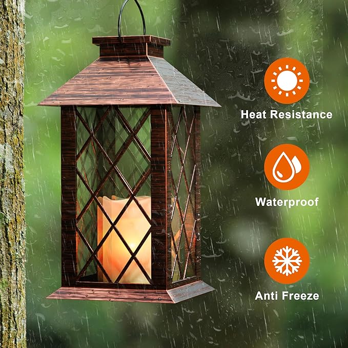 Solar Lanterns Outdoor, Waterproof Garden Hanging Lanterns, 13" Outdoor Decorative Lantern with LED Flickering Flameless Candles, Vintage Lantern for Porch, Yard,Patio Decor, 1 Pack-Ruum Studio Home