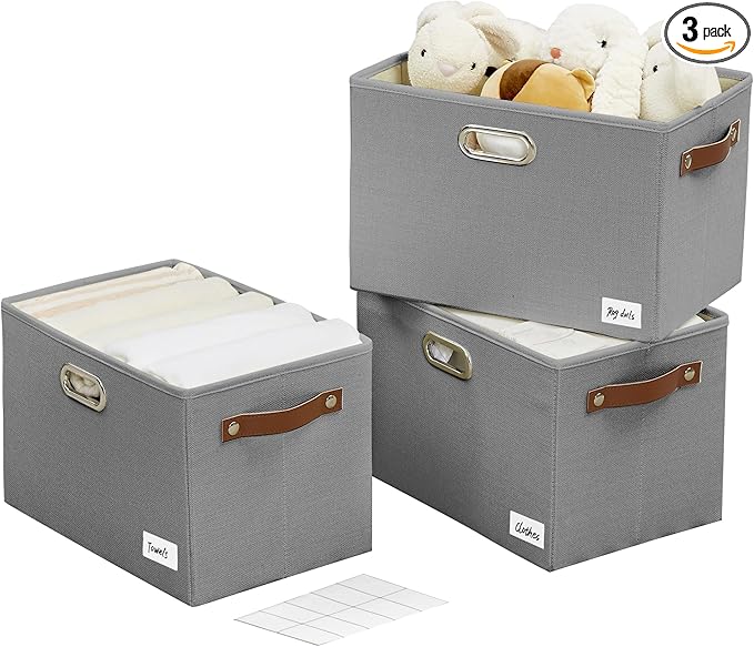 Large 3-Pack Foldable Fabric Storage Bins with Durable PU & Metal Handles, Collapsible Storage Baskets for Shelves, Home Storage, Closet Organizers, Living Room(14.9"x9.8"x9.8", Grey)-Ruum Studio Home