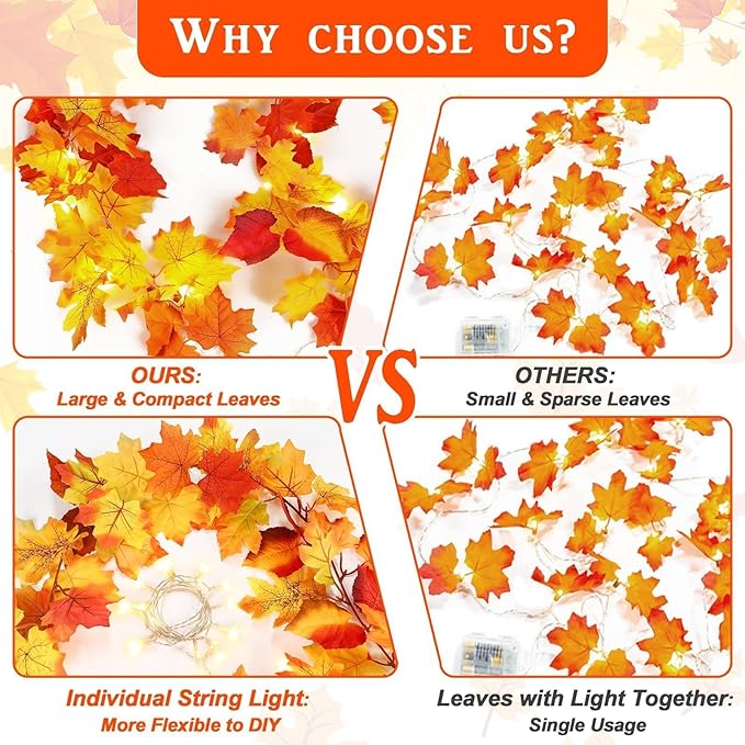 2 Pack Fall Decor Maple Leaves Garland with Lights Battery Operated Fall Thanksgiving Decorations Garland for Home Porch Front Door Table Mantle Outdoor Autumn Harvest Halloween Decor, 11.8Ft 40LED-Ruum Studio Home