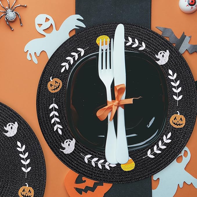 Whaline 4Pcs Round Halloween Placemats Embroidered Ghost Pumpkin Candy Corn Place Mats Black Spooky Dinner Table Mats for Halloween Party Decor-Ruum Studio Home