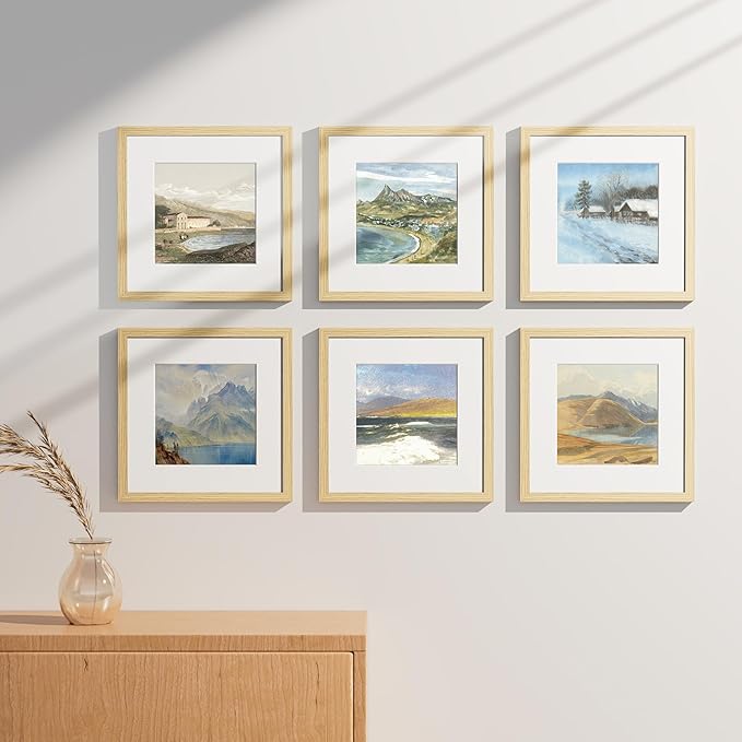 Vittanly 12x12 Picture Frames Set of 9, Shatter Resistant Plexiglass, Display 8x8 Pictures with Mat or 12x12 without Mat, Photo Frames for Wall Mount, Engineered Wood, OAK-Ruum Studio Home