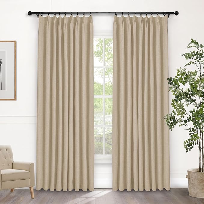 Macochico Pinch Pleated 100% Blackout Curtains Sand Beige Linen Curtains for Bedroom Living Room Farmhouse Thermal Insulated Window Panels Pleated Curtains with Hooks and Tieback 52”Wx72”L 1 Panel-Ruum Studio Home