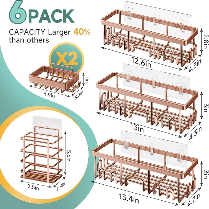 Veken Shower Caddy 6-Pack, No Drilling & Rustproof, Waterproof Adhesive Shelves Rack with Soap Holder, Large Capacity Bathroom Organizers and Storage, Wall-Mounted Kitchen & Home Decor-Ruum Studio Home