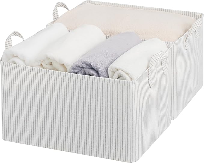 StorageWorks Storage Bins, Fabric Storage Bins for Shelves, Extra Large Storage Baskets with Metal Frame, Closet Baskets and Bins with Handles, Jumbo, Gray and White Stripes, 2-Pack-Ruum Studio Home