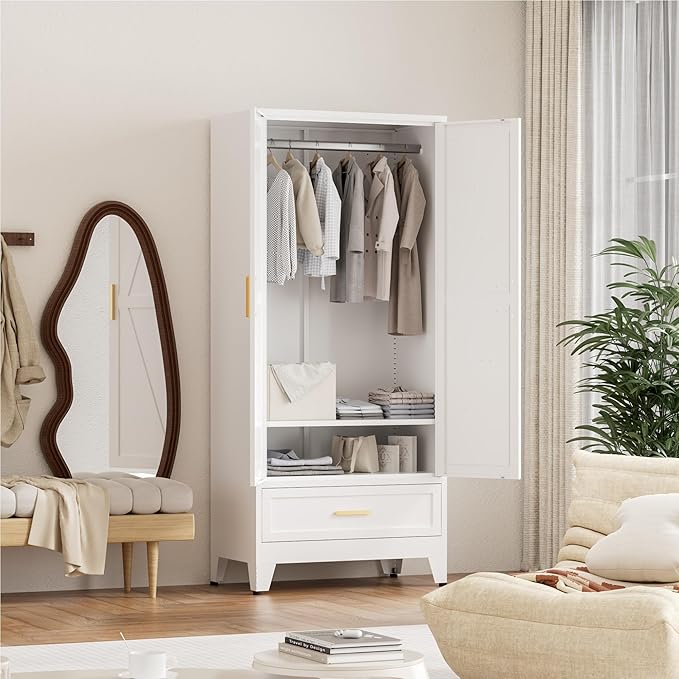 71'' Farmhouse Metal Wardrobe Cabinet with Hanging Rod, 2 Barn Door Wardrobe Closet with Adjustable Shelves,Drawer,for Dining Room,Bedroom,Living Room, Cloak Room,Office (White)-Ruum Studio Home
