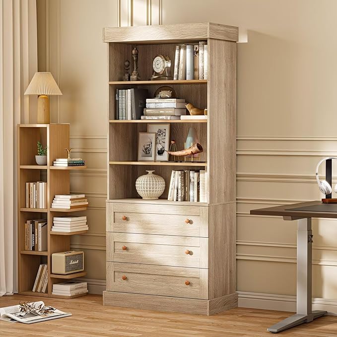 Vyre 71" Tall Farmhouse Bookshelves with Drawers, Large Modular Bookcase with Adjustable Shelves, Storage Cabinet for Living Room， Home Office, Kitchen, Brown-Ruum Studio Home