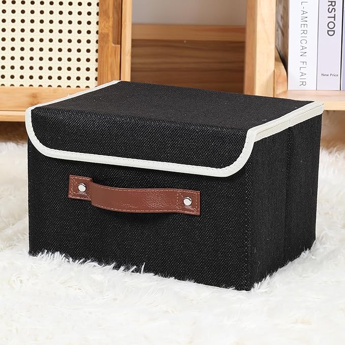 ANMINY 2PCS Storage Bins with Lid PU Leather Handles Storage Boxes PP Plastic Board Decorative Foldable Lidded Cotton Linen Fabric Home Cubes Baskets Closet Organizer Containers - Black, Large Size-Ruum Studio Home