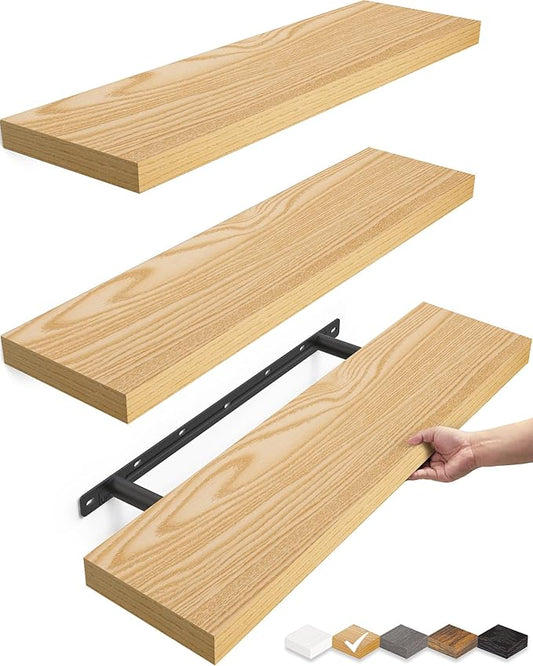 BAYKA Floating Shelves for Wall, 22.5 inches Wall Mounted Rustic Wood Shelves for Bathroom, Bedroom, Living Room, Floating Shelves for Books/Storage/Decor (Oak-Toned,Set of 3)-Ruum Studio Home
