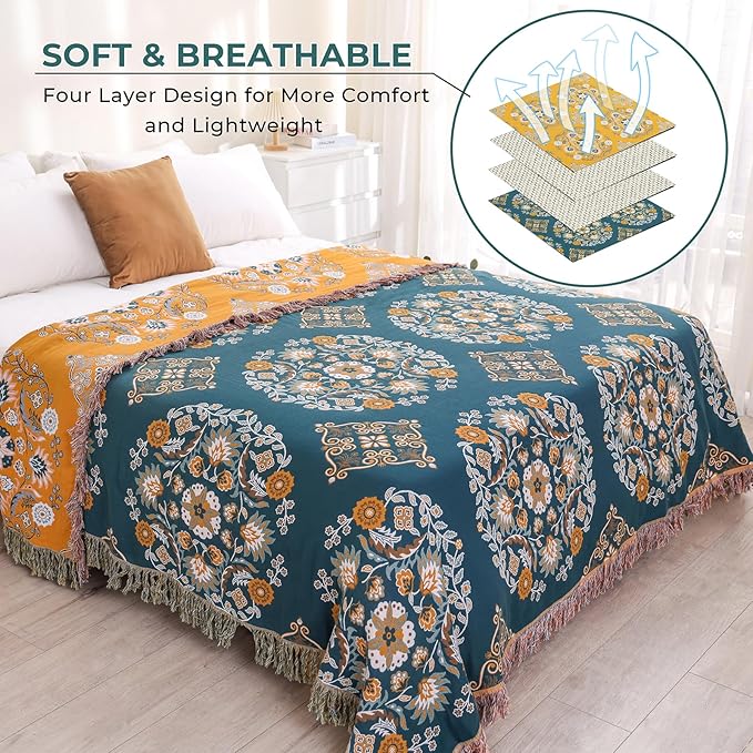 Boho Throw Blanket for Bed,100% Cotton Ultra Soft Lightweight Muslin 4-Layer Breathable Woven Throws 90''x 98'' Blanket Yellow Floral Printed Farmhouse Decor Bed Blankets-Ruum Studio Home