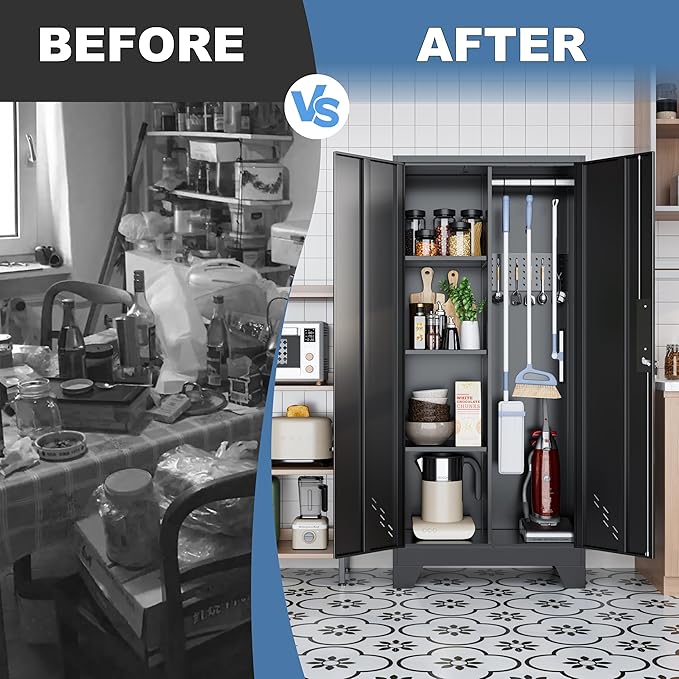 61" Broom Closet Storage Cabinet, Metal Storage Cabinet with Doors, Utility Cabinets for Brooms and Mops, Cleaning Tool Cabinets for Garage, Laundry Room, Bathroom-Ruum Studio Home