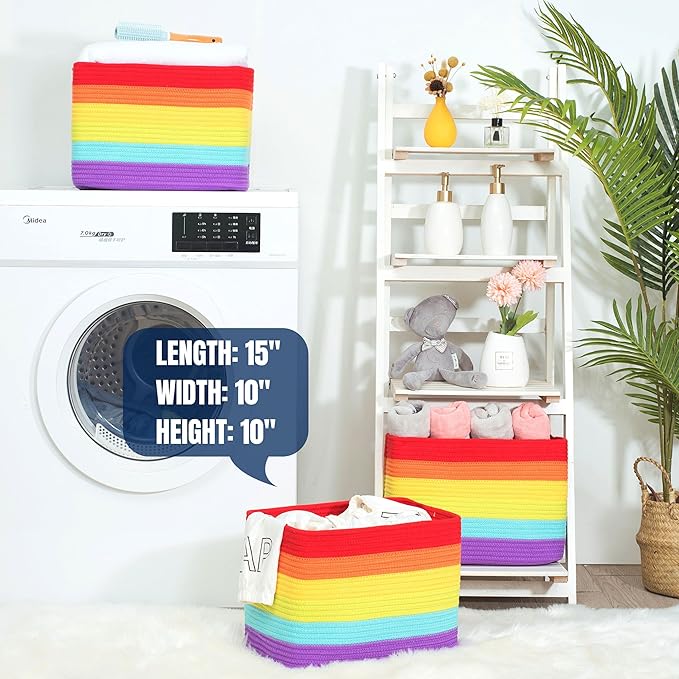 MINTWOOD Design 3-Pack Storage Baskets for Shelves, Playroom and Classroom, Book Basket, Decorative Storage Cube Bins, Woven Closet Organizers, Pantry and Shoe Organizer, Rainbow-Ruum Studio Home