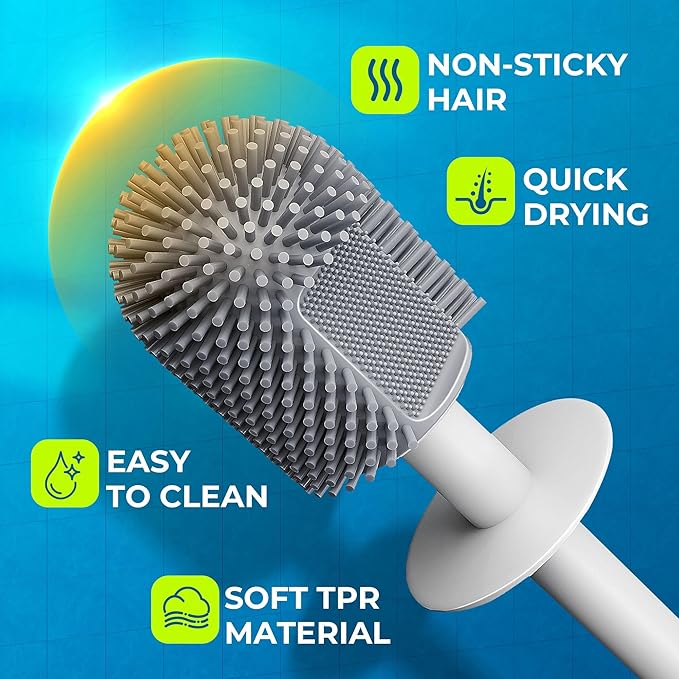 Silicone Toilet Brush and Holder Set with L-Shaped Brush Head, Wall Mounted Toilet Brush Set with Long Non-Slip Handles, Compact Toilet Bowl Cleaner Brush Suitable for RV Trailers & Bathroom (2 Pack)-Ruum Studio Home