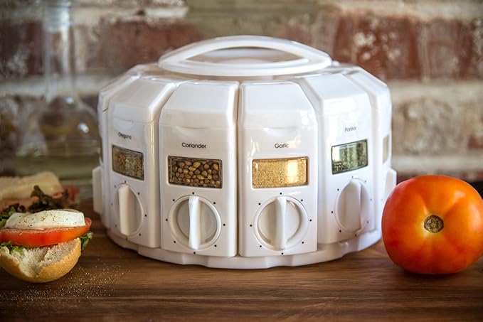 KitchenArt Spice Rack, Select-A-Spice Auto-Measure Rotating Spice Rack, White, 12 Compartments