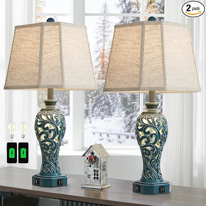 25'' Farmhouse Table Lamps Set of 2 for Living Room Bedroom, 2 USB Ports Coastal Vintage Table Lamp with Nightlight, Blue Green Hollow Out Resin Lamp for End Table (Bulbs Included)-Ruum Studio Home