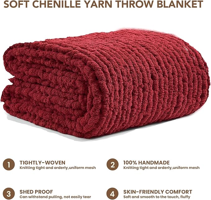 L'AGRATY Chunky Knit Blanket Throw: 50''x60'' Chenille Chunky Knitted Throw Blankets for Bed Couch - Handmade Thick Cable Knit Blanket - Large Crochet Rope Blankets for Home Decor(Maroon Red)-Ruum Studio Home