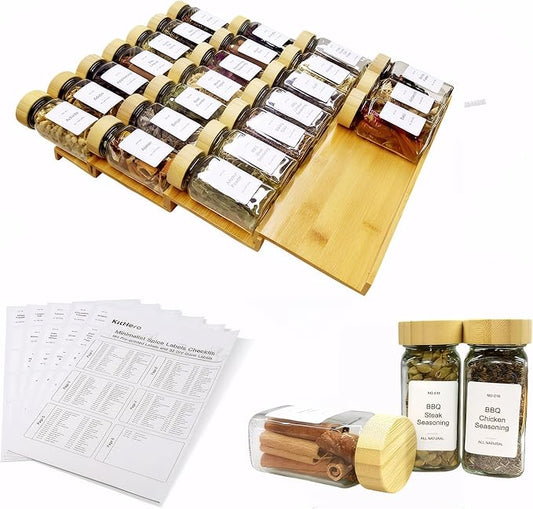 Spice Drawer Organizer with 24 Bamboo-lidded Spice Jars and 216 Labels,Non-slip Rubber, Bamboo 4 Tier Spice Racks Tray Seasoning Containers for Kitchen Drawers,Cabinets,13" Wide * 15.8" Deep-Ruum Studio Home