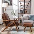 Wahson Brown Leather Mid-Century Modern Accent Chair and Ottoman Set, Retro Upholstered Armchair with Wood Frame and Removable PU Cushions, Large Leisure Slipper Chair for Living Room/Bedroom-Ruum Studio Home