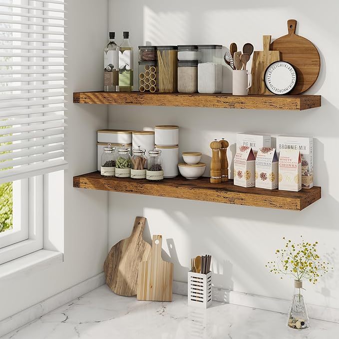 36 Inch Floating Shelves, 9.3 Inch Deep Rustic Wall Shelves - Extra Deeper Wall Mounted Storage Shelves for Bathroom, Kitchen, Living Room (Brown, Set of 2)-Ruum Studio Home