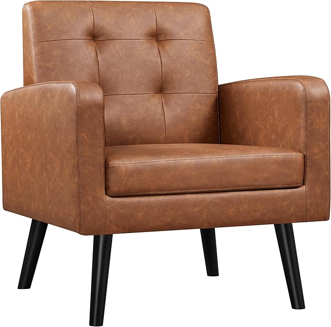 Yaheetech Mid-Century Accent Chairs, PU Leather Modern Upholstered Living Room Chair, Cozy Armchair Button Tufted Back and Wood Legs for Bedroom/Office/Cafe, Retro Brown-Ruum Studio Home