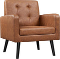 Yaheetech Mid-Century Accent Chairs, PU Leather Modern Upholstered Living Room Chair, Cozy Armchair Button Tufted Back and Wood Legs for Bedroom/Office/Cafe, Retro Brown-Ruum Studio Home
