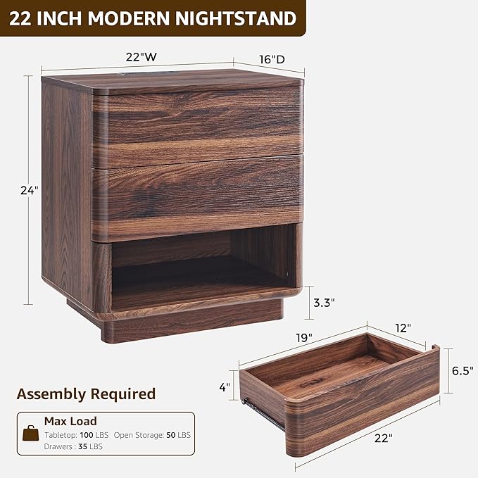 Nightstand with Charging Station, 22" Push-to-Open Bedside Table with 2 Storage Drawers, Large Modern End Table for Bedroom,Living Room,Brown-Ruum Studio Home